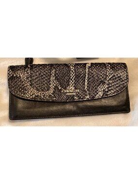 Coach Black Leather Wallet w/Gray and Black Snake-Embossed Leather Trim Flap